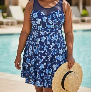 Navy Floral One-Piece Swimdress with Mesh Yoke